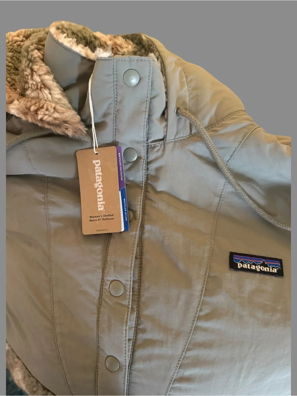 Women’s Patagonia Hooded Puffer Sherpa Anorak - Taupe and Cream Medium NWT